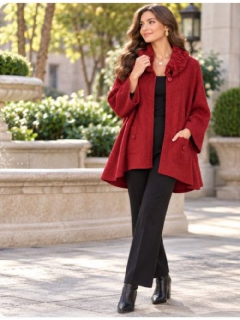 For Cynthia Women’s 3X Red 100% Wool Coat High Ruched Collar Button Front Plus
